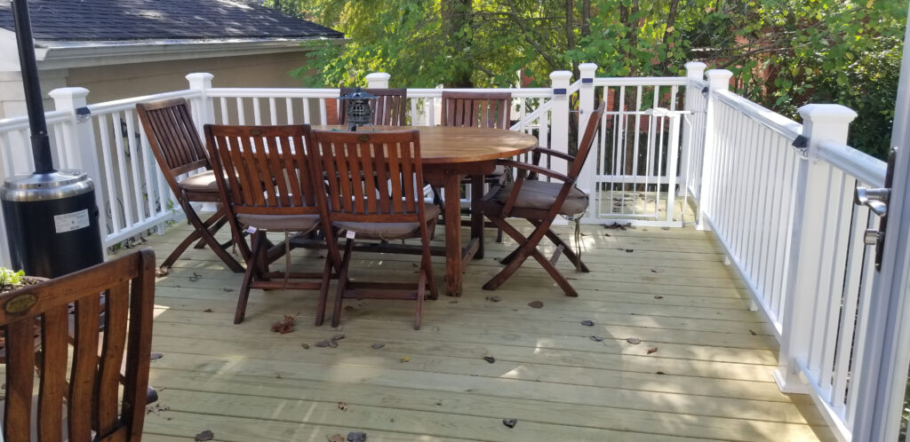 An outdoor deck space designed for dining or relaxing